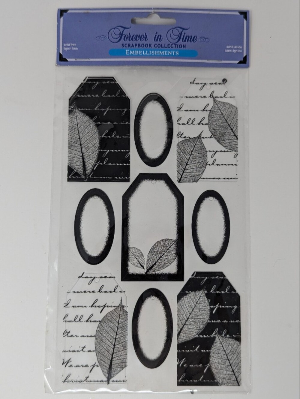 Forever in Time Scrapbook Embellishment Tag and Leaf Stickers Black White